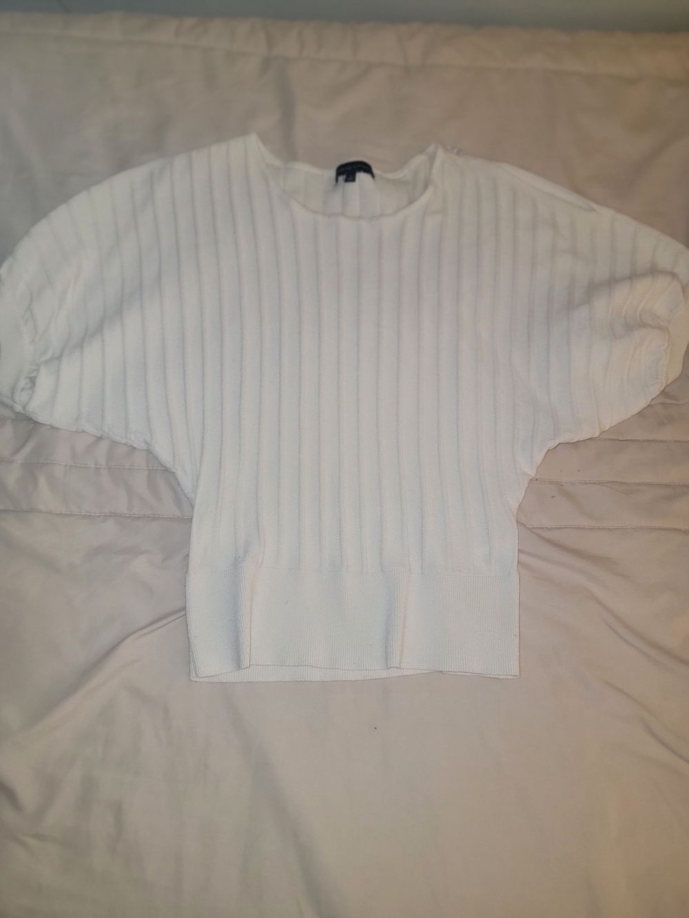 Adrienne Vittadini White Ribbed Short-Sleeve Crew Sweater